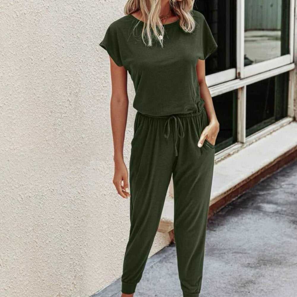 Solid Drawstring Waist Keyhole Army Green Jumpsuit Romper Women > Pants & Jumpsuits > Jumpsuits & Rompers 13 $ Buttons & Beans Co.