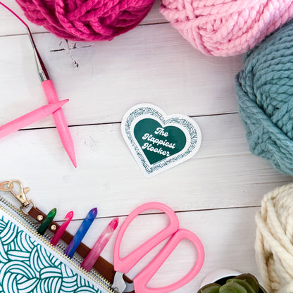 The Happiest Hooker, Premium Vinyl Sticker, Crochet Funny, Crocheting Gift, Sassy Knitter Crocheter Humour