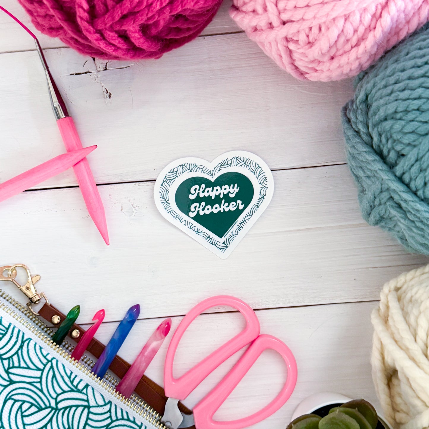 Happy Hooker, Premium Vinyl Sticker, Crochet Funny, Crocheting Gift, Sassy Knitter Crocheter Humour