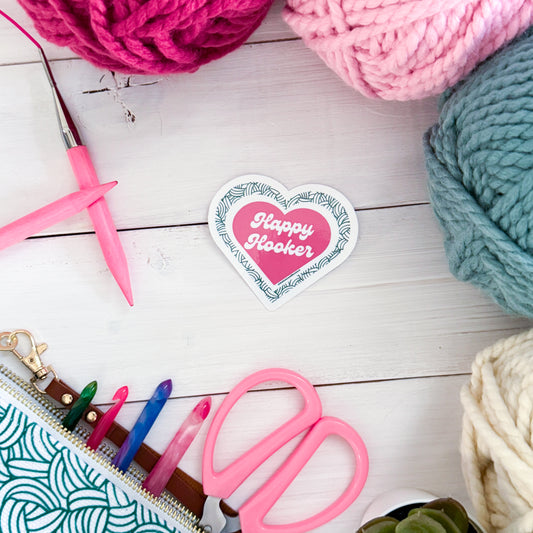 Happy Hooker, Premium Vinyl Sticker, Crochet Funny, Crocheting Gift, Sassy Knitter Crocheter Humour