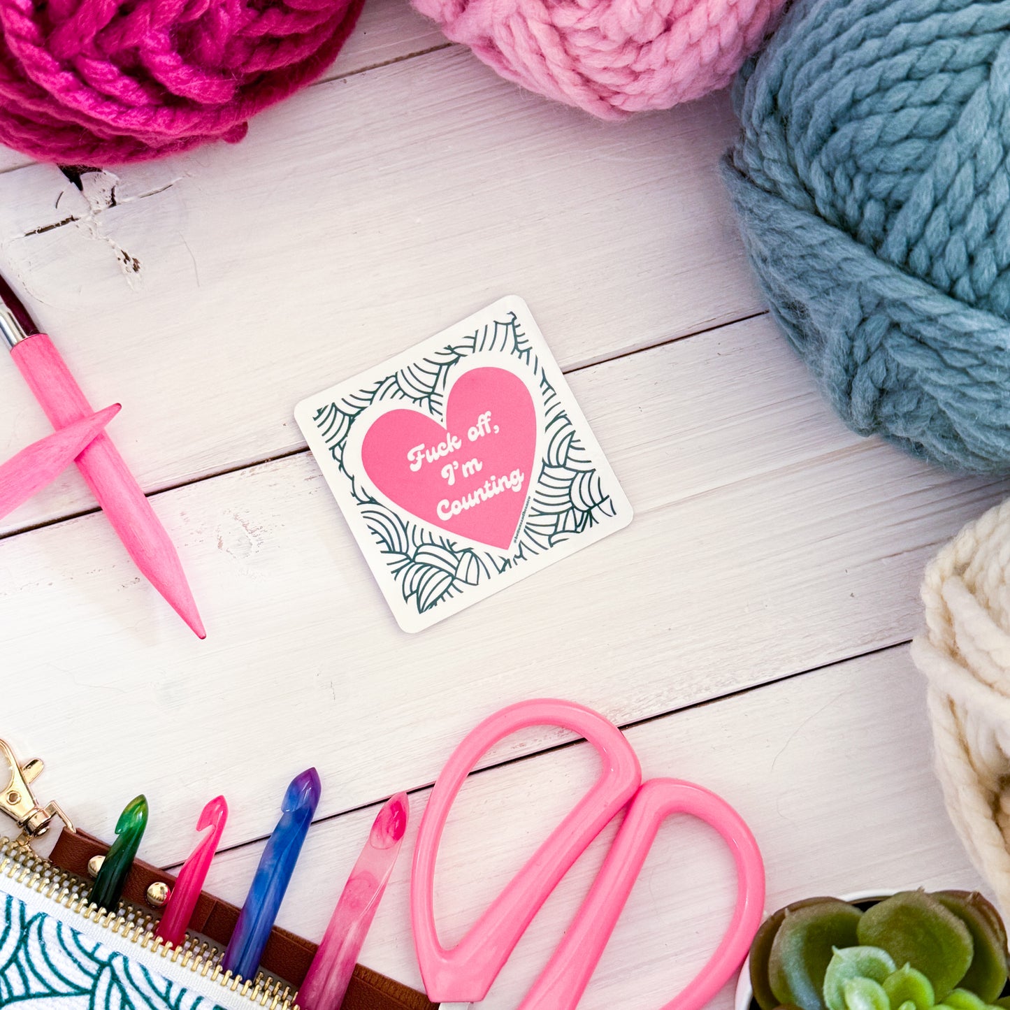 F@ck Off I'm Counting Square Knot Heart Premium Vinyl Sticker, Crochet Funny, Crocheting Gift, Sassy Knitter Crocheter Humour