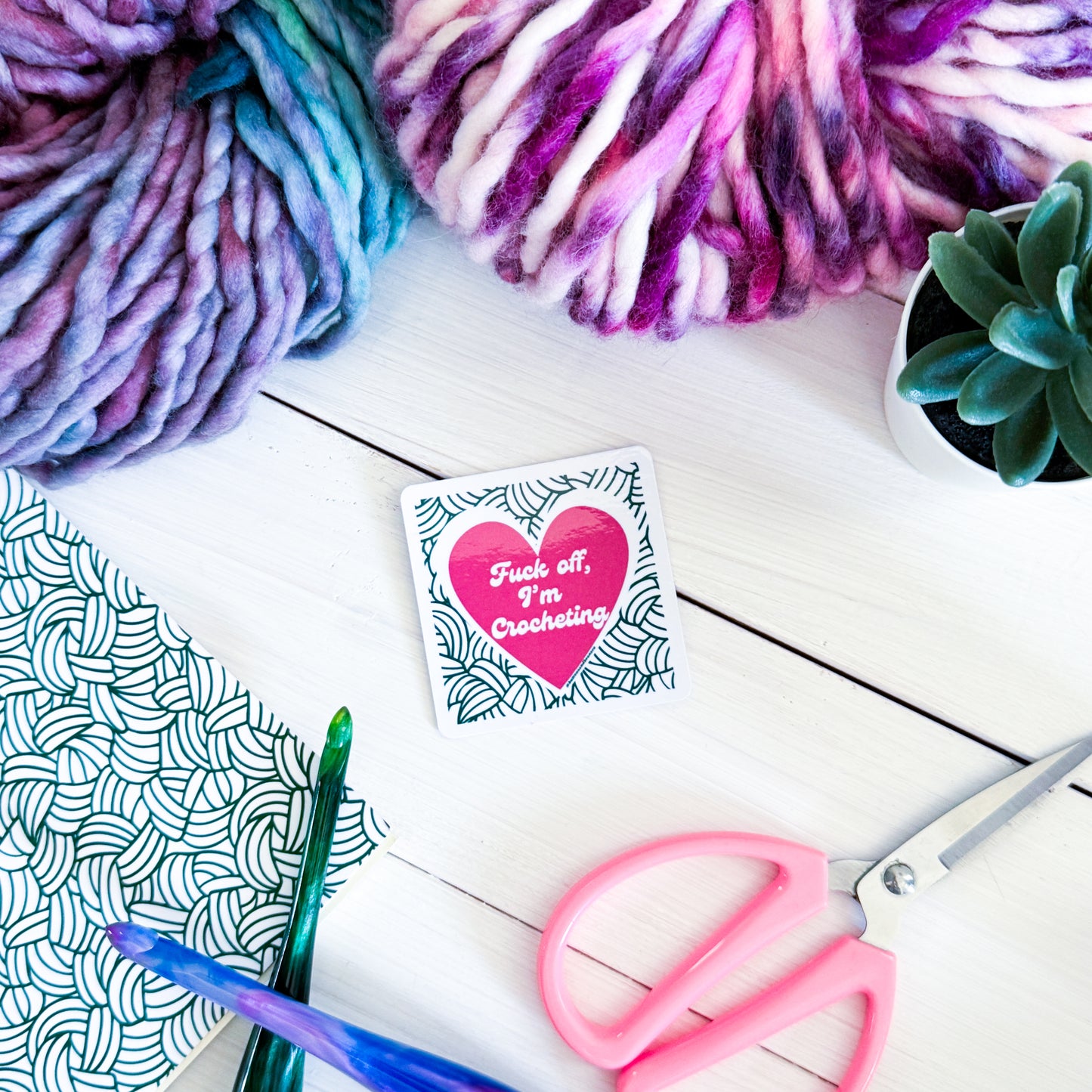 F@ck off I'm Crocheting Square Knot Heart Premium Vinyl Sticker, Crochet Funny, Crocheting Gift, Sassy Knitter Crocheter Humour