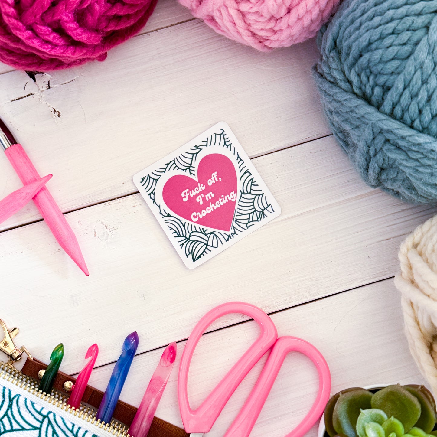F@ck off I'm Crocheting Square Knot Heart Premium Vinyl Sticker, Crochet Funny, Crocheting Gift, Sassy Knitter Crocheter Humour