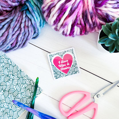 I Love Wips and Chains Square Knot Heart Premium Vinyl Sticker, Crochet Funny, Crocheting Gift, Sassy Knitter Crocheter Humour