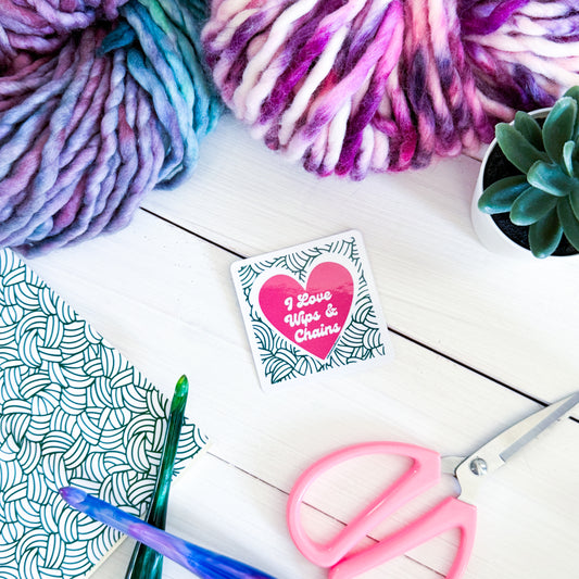 I Love Wips and Chains Square Knot Heart Premium Vinyl Sticker, Crochet Funny, Crocheting Gift, Sassy Knitter Crocheter Humour