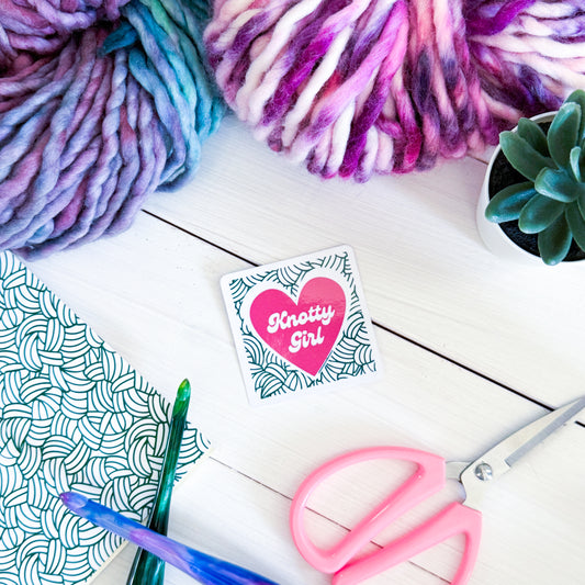 Knotty Girl Square Knot Heart Premium Vinyl Sticker, Crochet Funny, Crocheting Gift, Sassy Knitter Crocheter Humour