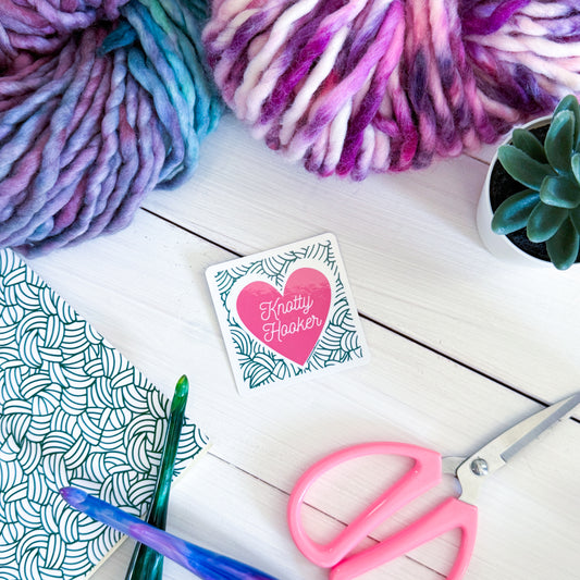 Knotty Hooker 2.0 Square Knot Heart Premium Vinyl Sticker, Crochet Funny, Crocheting Gift, Sassy Knitter Crocheter Humour