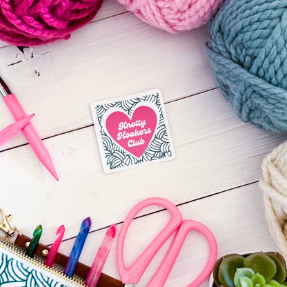 Knotty Hookers Club Square Knot Heart Premium Vinyl Sticker, Crochet Funny, Crocheting Gift, Sassy Knitter Crocheter Humour