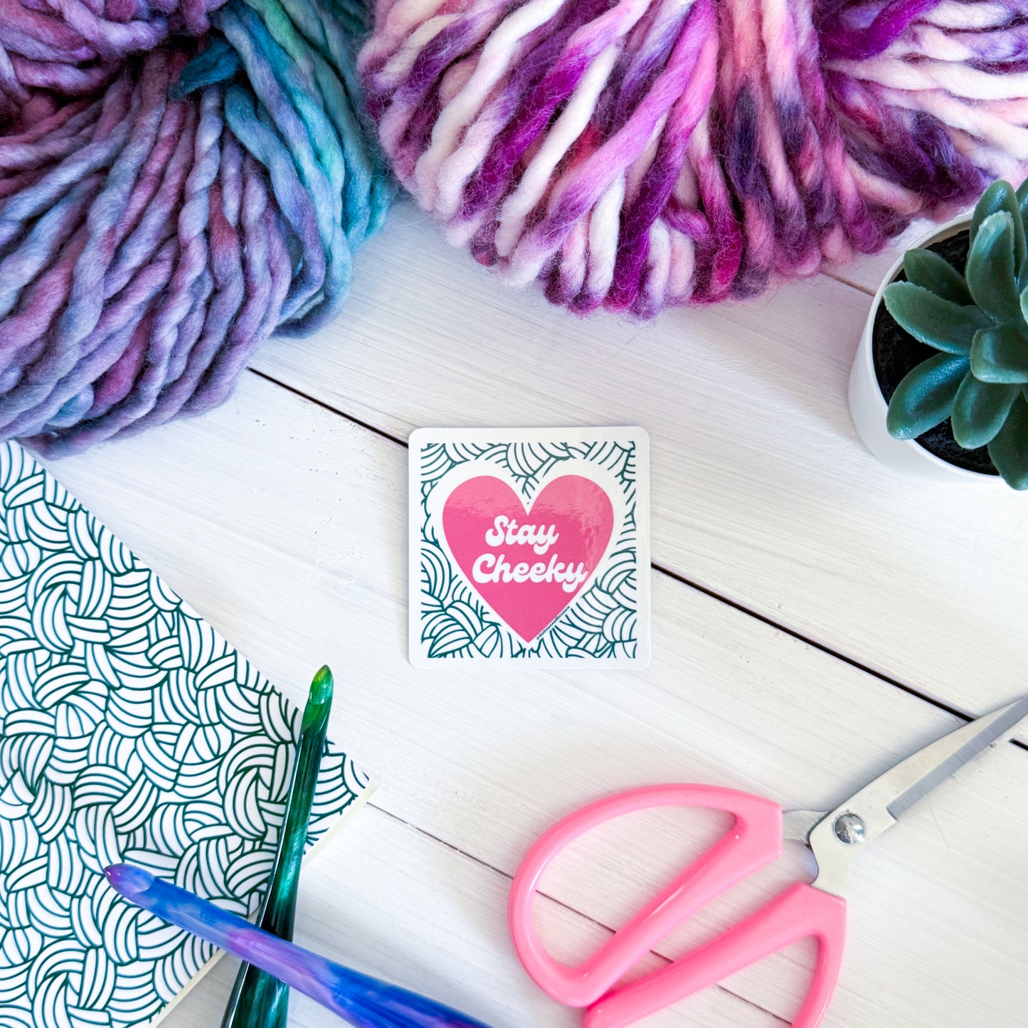 Stay Cheeky Square Knot Heart Premium Vinyl Sticker, Crochet Funny, Crocheting Gift, Sassy Knitter Crocheter Humour