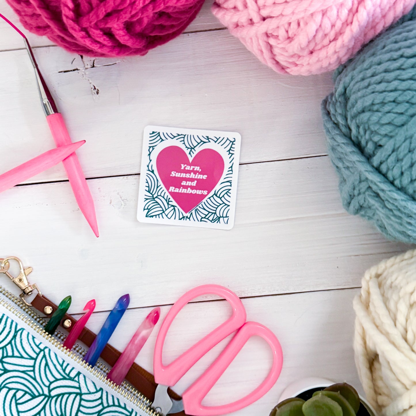 Yarn, Sunshine, Rainbows Square Knot Heart Premium Vinyl Sticker, Crochet Funny, Crocheting Gift, Sassy Knitter Crocheter Humour