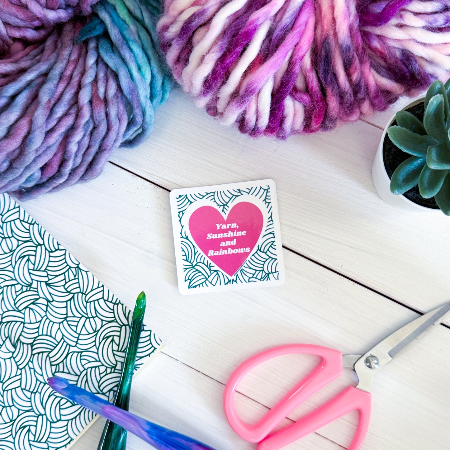 Yarn, Sunshine, Rainbows Square Knot Heart Premium Vinyl Sticker, Crochet Funny, Crocheting Gift, Sassy Knitter Crocheter Humour