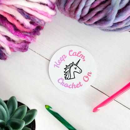 Keep Calm Crochet On Unicorn Premium Vinyl Sticker, Crochet Funny, Crocheting Gift, Sassy Knitter Crocheter Humour
