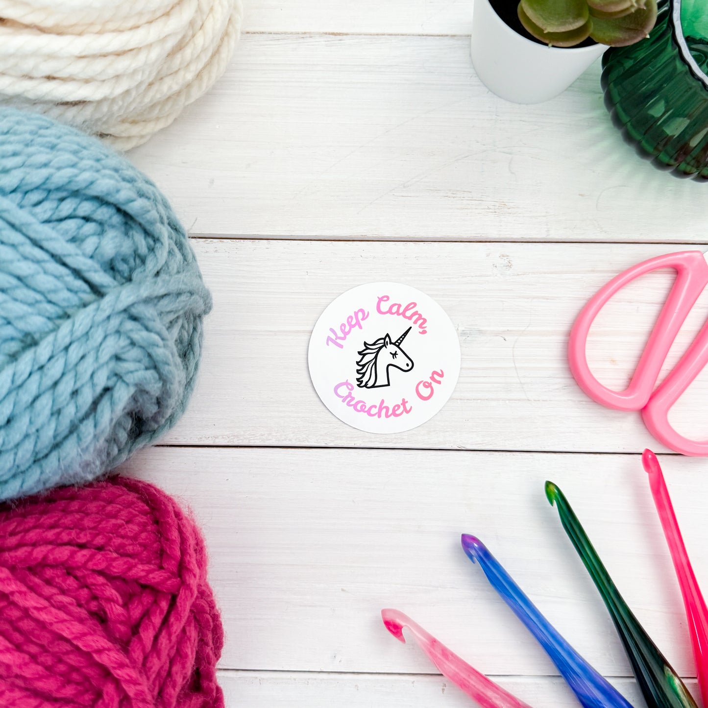 Keep Calm Crochet On Unicorn Premium Vinyl Sticker, Crochet Funny, Crocheting Gift, Sassy Knitter Crocheter Humour