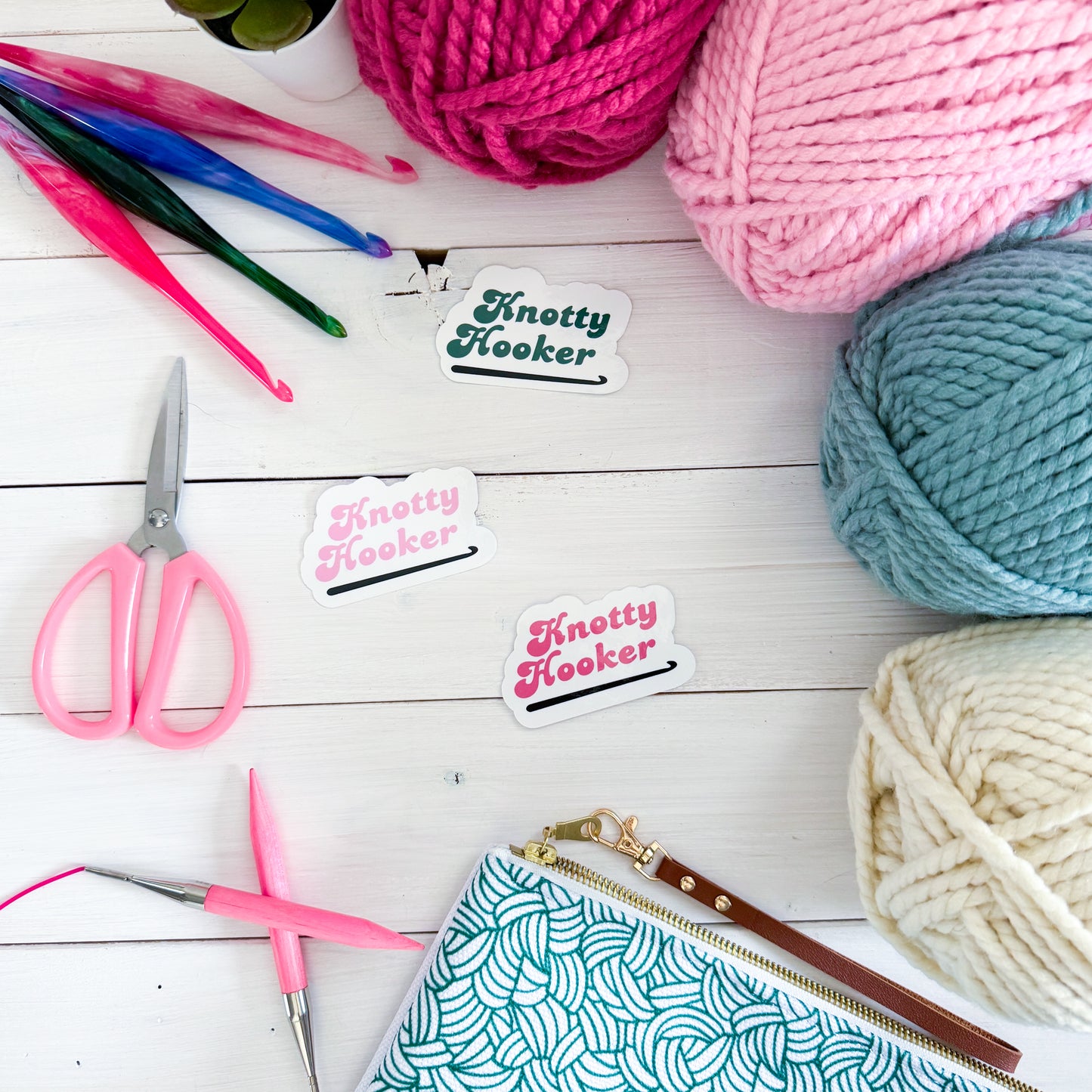 Knotty Hooker Pink Premium Vinyl Sticker, Yarn Gift, Stationary, Funny Crocheting , Knitter Crocheter Humour