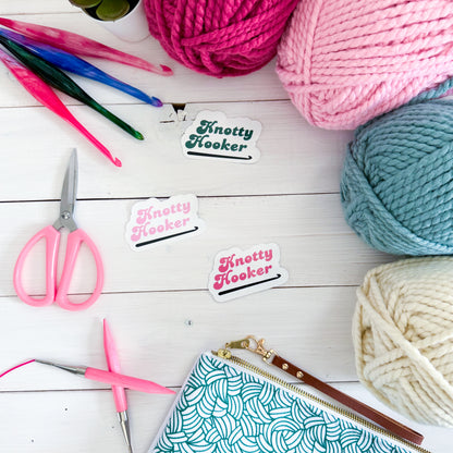 Knotty Hooker Pink Premium Vinyl Sticker, Yarn Gift, Stationary, Funny Crocheting , Knitter Crocheter Humour