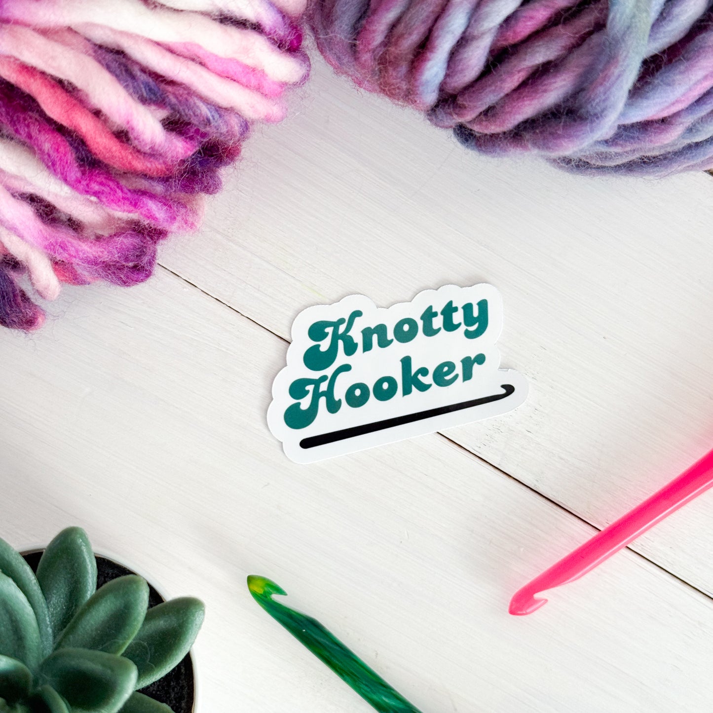 Knotty Hooker Green Premium Vinyl Sticker, Yarn Gift, Stationary, Funny Crocheting , Knitter Crocheter Humour