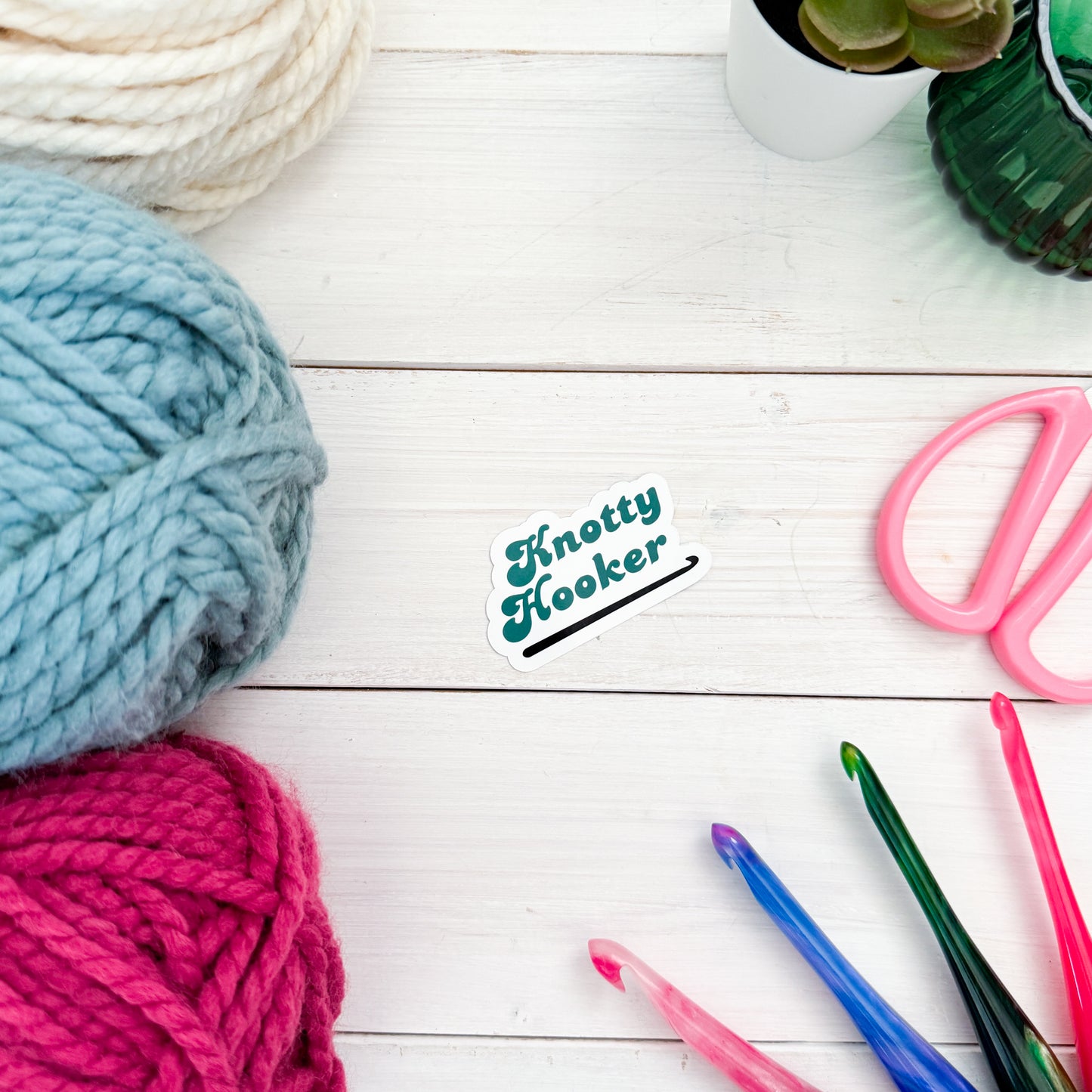 Knotty Hooker Green Premium Vinyl Sticker, Yarn Gift, Stationary, Funny Crocheting , Knitter Crocheter Humour
