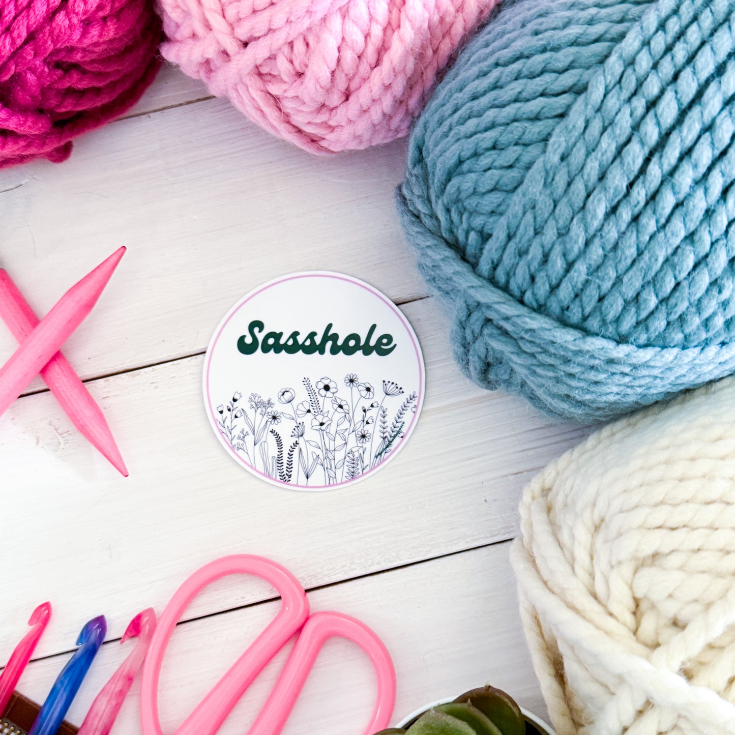 Sasshole Premium Vinyl Sticker, Crochet Funny, Crocheting Gift, Sassy Knitter Crocheter Humour