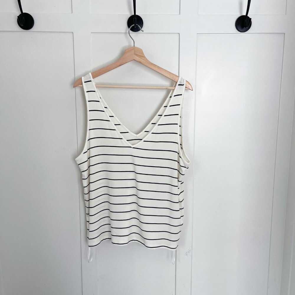 Striped Print V Neck Tank Top Tank Top, Wide Strap Oversized Sleeveless Shirt Women > Tops > Tank Tops 13 $ Buttons & Beans Co.