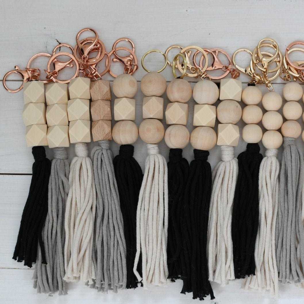 Tassel Keychain | Round and Hexagon Wood Bead Key Chain Accessories 22 $ Buttons & Beans Co.