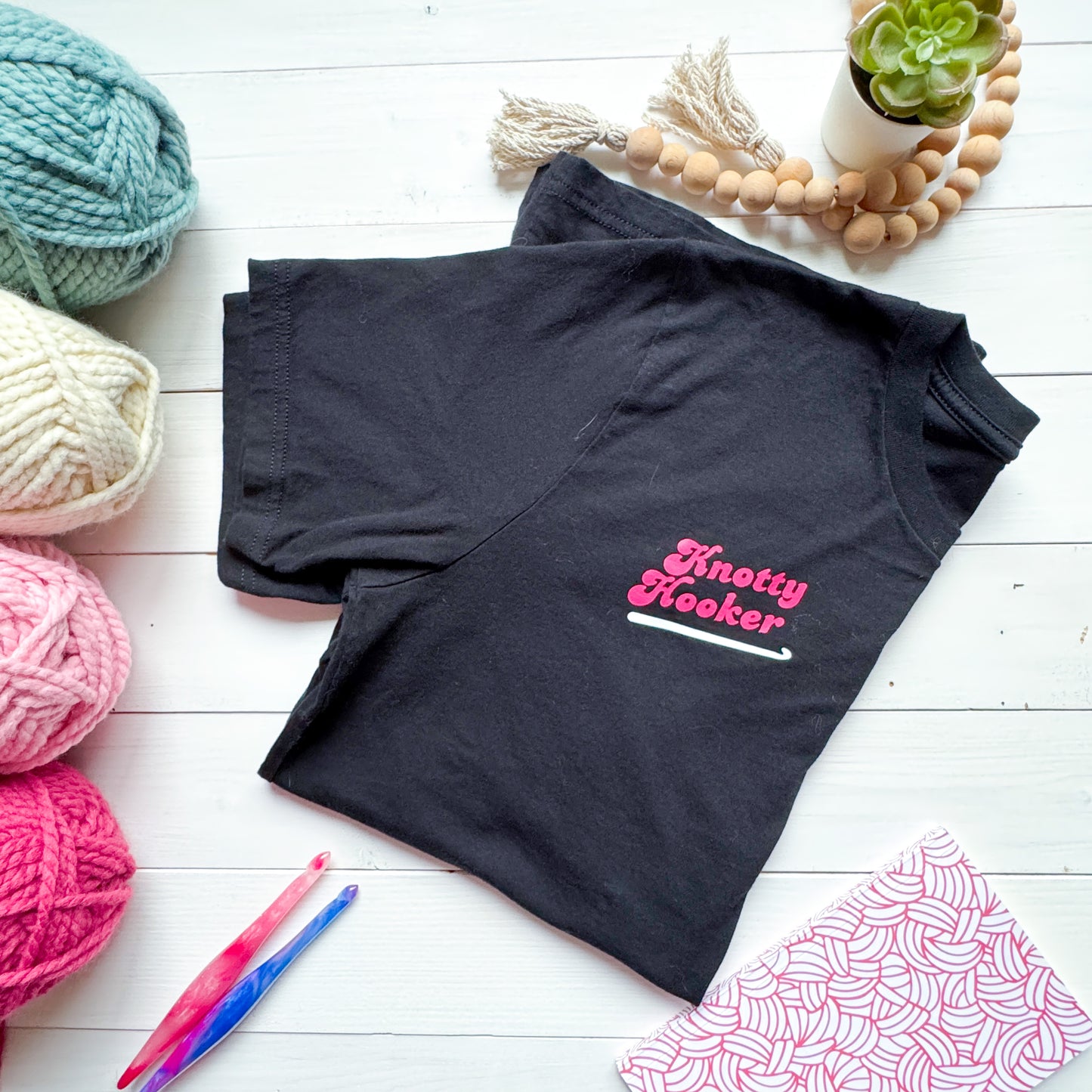 Knotty Hooker Dark Pink, T-Shirt, Crochet Apparel, Yarn Shirt Gift, Clothing, Apparel, Funny Crocheting Shirt, Knitter Crocheter Humour