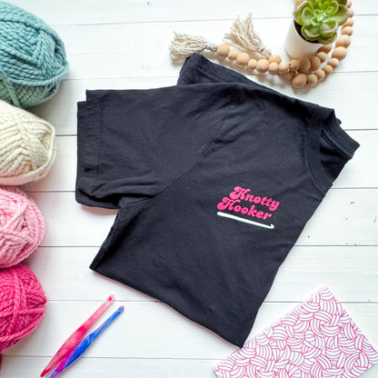 Knotty Hooker Dark Pink, T-Shirt, Crochet Apparel, Yarn Shirt Gift, Clothing, Apparel, Funny Crocheting Shirt, Knitter Crocheter Humour