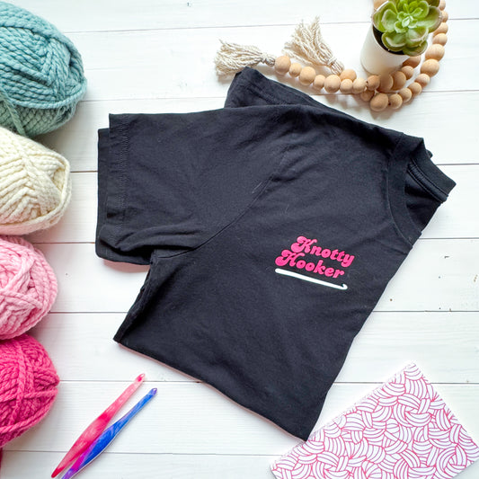 Knotty Hooker Dark Pink, T-Shirt, Crochet Apparel, Yarn Shirt Gift, Clothing, Apparel, Funny Crocheting Shirt, Knitter Crocheter Humour