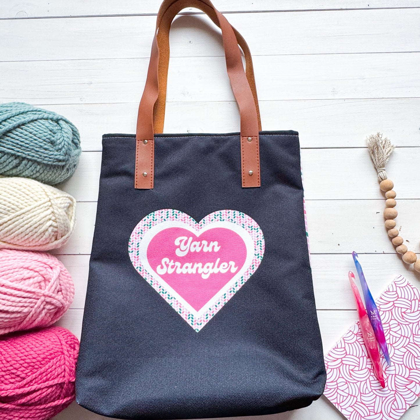 Being Knotty, Lined Vegan Leather Strap, Yarn Project Tote, Crochet Hook or Knitting Needles, Notions Bag, Crocheting Knitting Case, Fibre Organizer, Crafters, Crocheter and Knitter Humour Gift