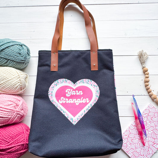 Yarn Strangler Knit, Lined Vegan Leather Strap, Yarn Project Tote, Crochet Hook or Knitting Needles, Notions Bag, Crocheting Knitting Case, Fibre Organizer, Crafters, Crocheter and Knitter Humour Gift