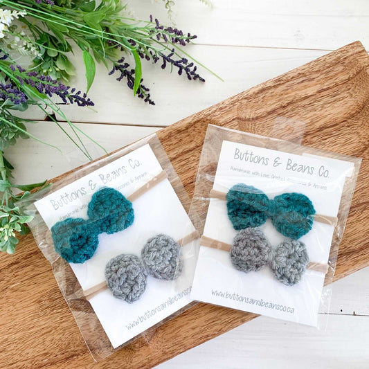 Willow | Teal and Grey Crochet Bow | Headband or Hair Clip Headband/Clips 12 $ Buttons & Beans Co.