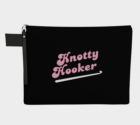 Knotty Hooker Pink, Black or White Carry All Project Pouch, Canvas and Denim Zipper Pull Bag, Crocheter, Knitter, Yarn Collector Case, Organizer