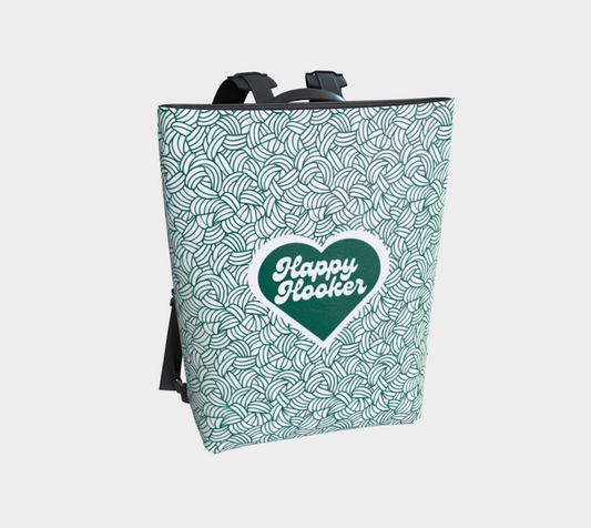 Happy Hooker Green Backpack, Crochet Hook, Knitting Needles and Notions Bag, Crocheting Knitting Case, Fibre Organizer, Crafters, Crocheter and Knitter Humour Gift