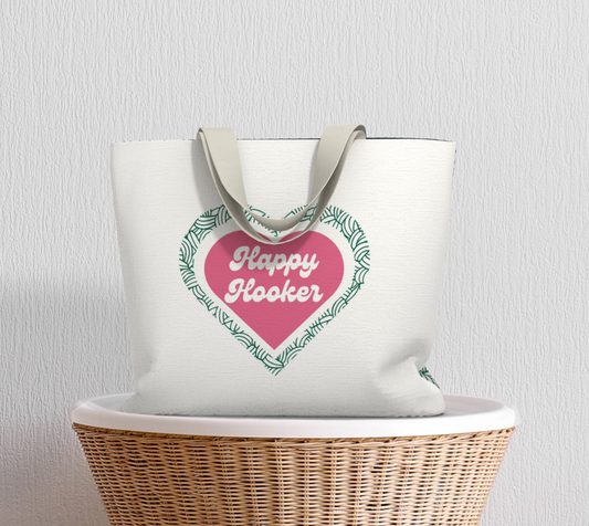 Happy Hooker, Market Tote Yarn Project Bag, Crochet Hook or Knitting Needles, Notions Bag, Crocheting Knitting Case, Fibre Organizer, Crafters, Crocheter and Knitter Humour Gift