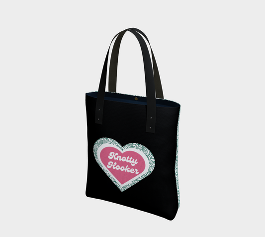 Knotty Hooker Green, Lined Vegan Leather Strap, Yarn Project Tote, Crochet Hook or Knitting Needles, Notions Bag, Crocheting Knitting Case, Fibre Organizer, Crafters, Crocheter and Knitter Humour Gift