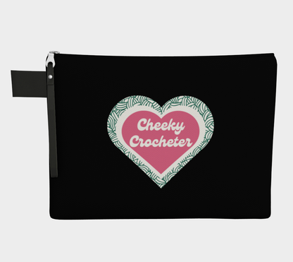 Cheeky Crocheter, Black or White, Carry All Pouch, Canvas and Denim Zipper Pull Bag, Crocheter, Knitter, Yarn Collector Case, Organizer