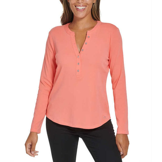 Calvin Klein Women's Henley Long Sleeve Top | Coral Button up T-Shirt