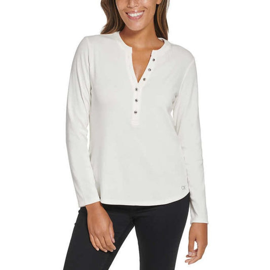 Calvin Klein Women's Henley Long Sleeve Top | White Button up, Lg, XL, XXL