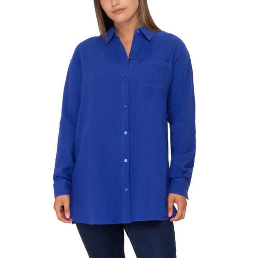 Rachel Rachel Roy Women’s Gauze Blouse | Blue Button-up Long Sleeve Shirt