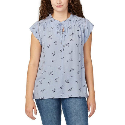 Buffalo Women's Short Sleeve Top | Blue Floral Boho Tie Neck Top