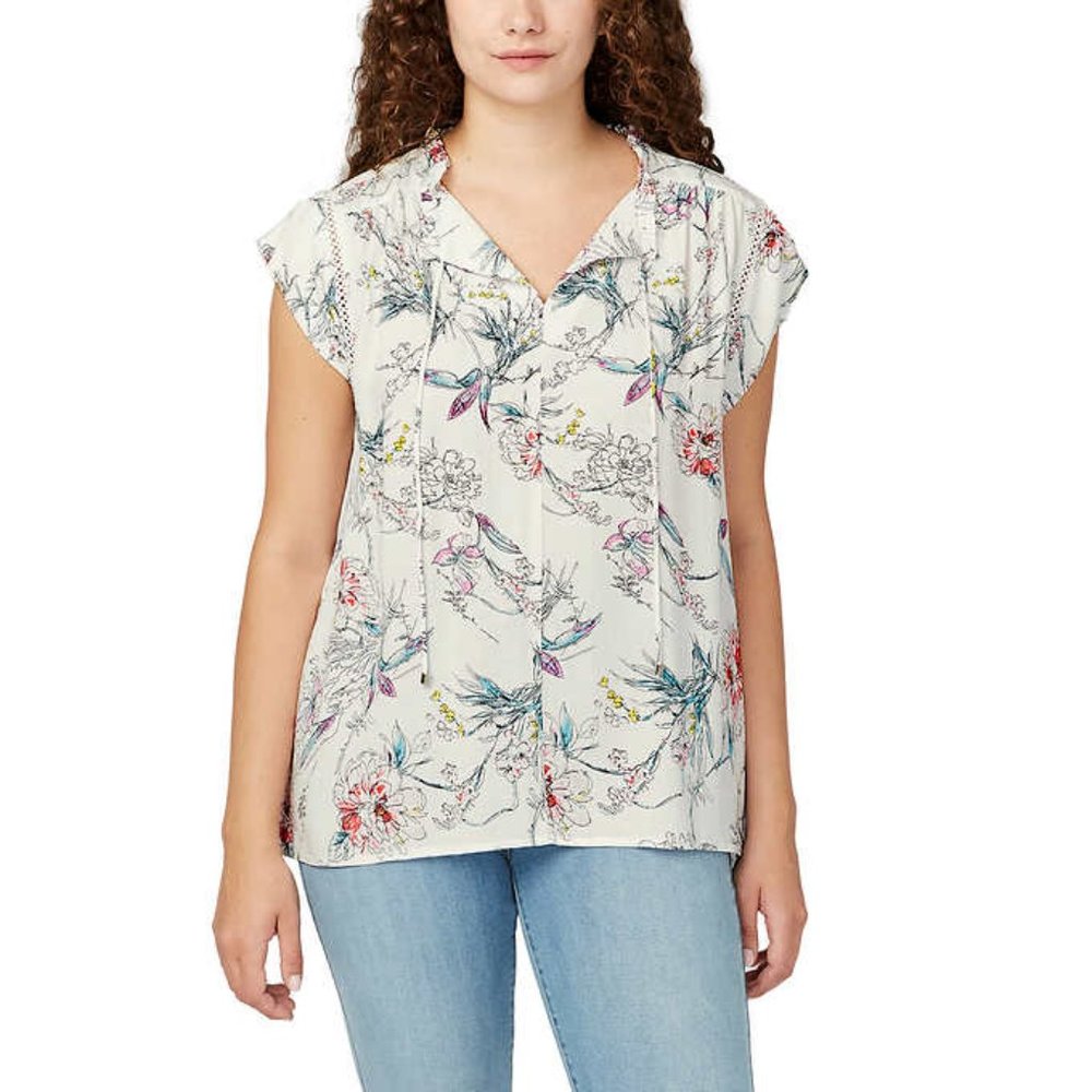 Buffalo Women's Short Sleeve Top | White Floral Boho Tie Neck Top, Size L