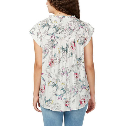 Buffalo Women's Short Sleeve Top | White Floral Boho Tie Neck Top, Size L