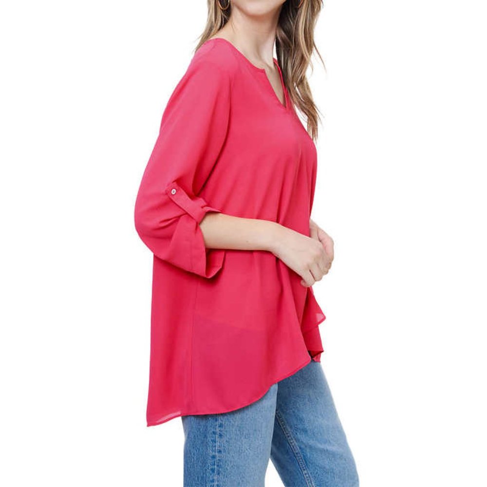 Cristina B Roll up Sleeve V Neck  Faux Wrap Tunic | Coral Pink