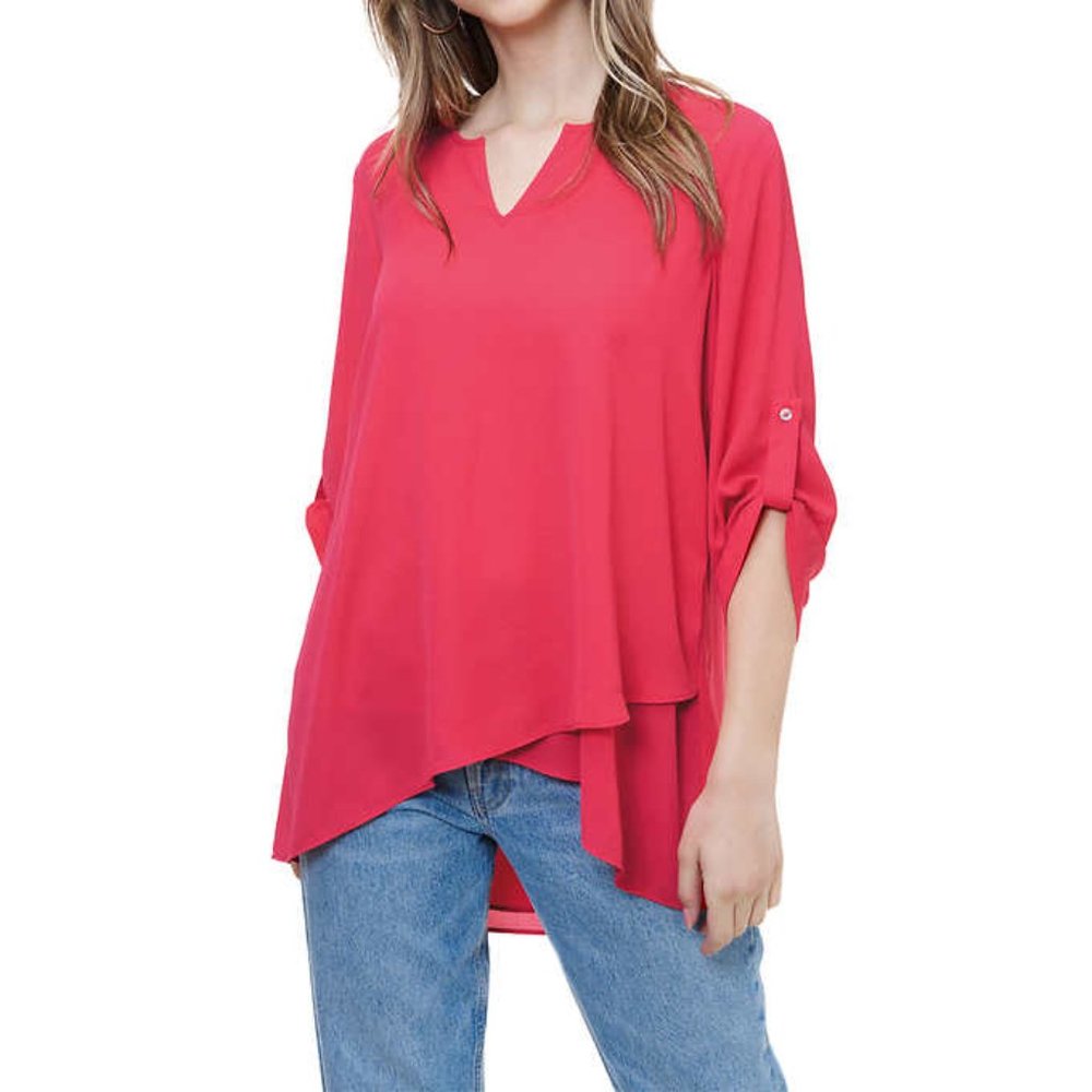 Cristina B Roll up Sleeve V Neck  Faux Wrap Tunic | Coral Pink