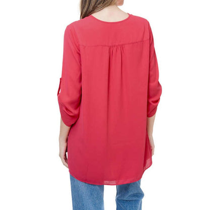 Cristina B Roll up Sleeve V Neck  Faux Wrap Tunic | Coral Pink