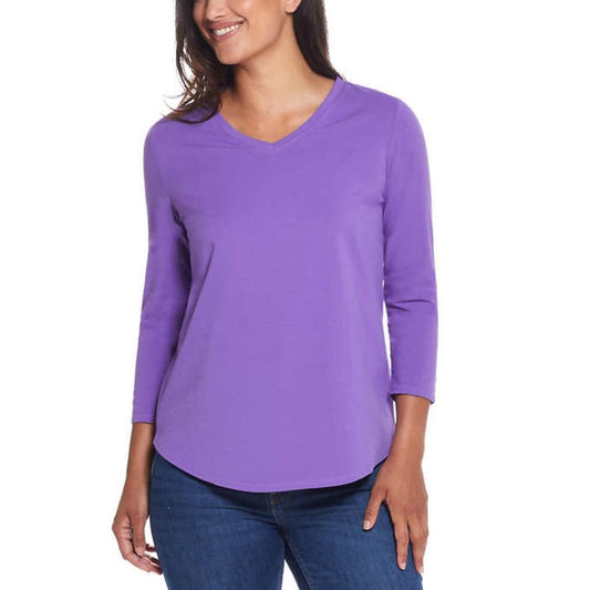 Weatherproof Vintage Women's 3/4 Sleeve V Neck T-shirt | Purple Top