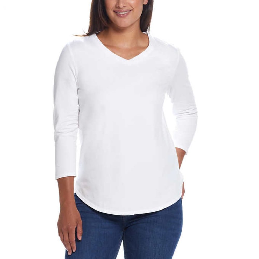 Weatherproof Vintage Women's 3/4 Sleeve V Neck T-shirt White Top