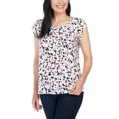 Dalia Women’s Printed Blouse | White Pink Loose Cap Sleeve Flowy Shirt Top