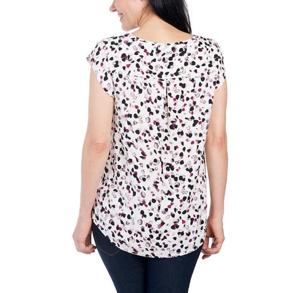 Dalia Women’s Printed Blouse | White Pink Loose Cap Sleeve Flowy Shirt Top