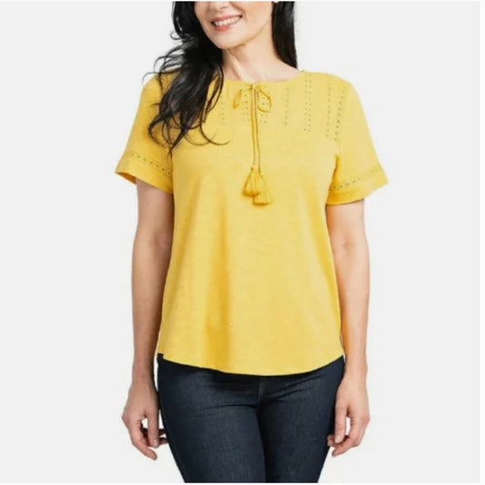 Hilary Radley Women's Eyelet Slub T-Shirt | Yellow Boho Tie Neck Top