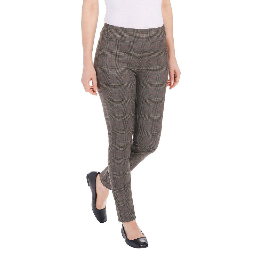 Dalia Pull on Tummy Control Stretch Ponte Pants, Brown Plaid Trousers